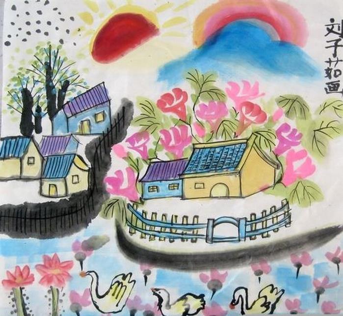 儿童画美丽的家乡国画_第一板报网